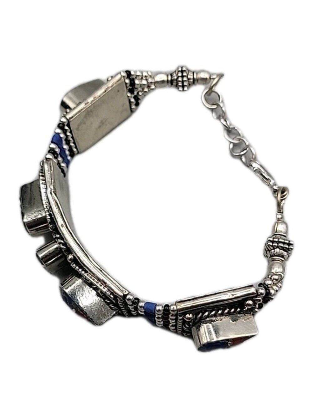 Vintage Tibetan Nepalese Silver Inlay Bracelet Lapis Coral 7.5” Ethnic Boho - Picture 5 of 16